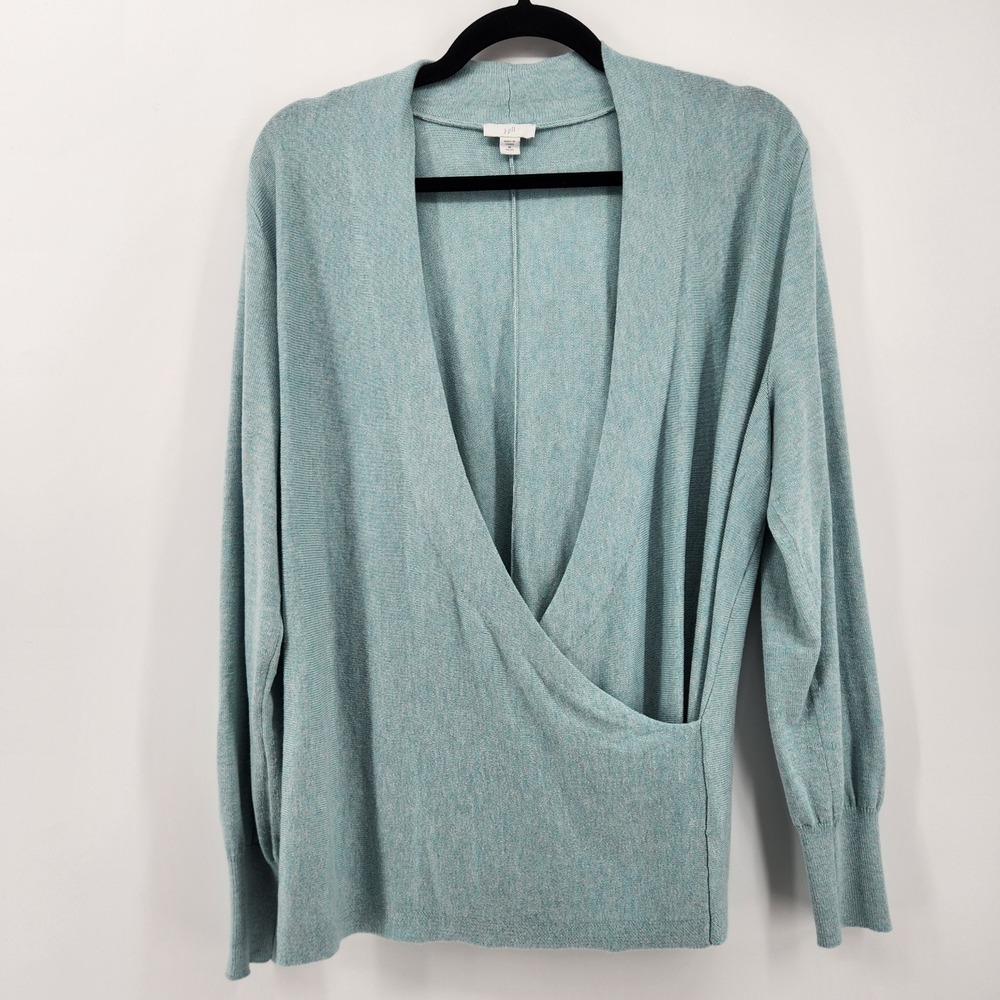 J.Jill Petite‎ Medium Aqua Blue Knit Wrap Front Long Sleeve Sweater